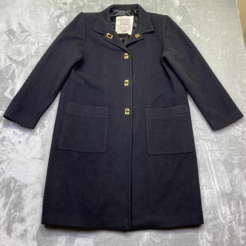 VTG Saks Fifth Avenue Drizzle Black Wool Cashmere Blend‎ Coat Gold Buckle 8 USA